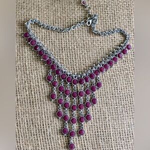 Lucky Brand Lucite wine/red stone & brushed silver waterfall bib necklace